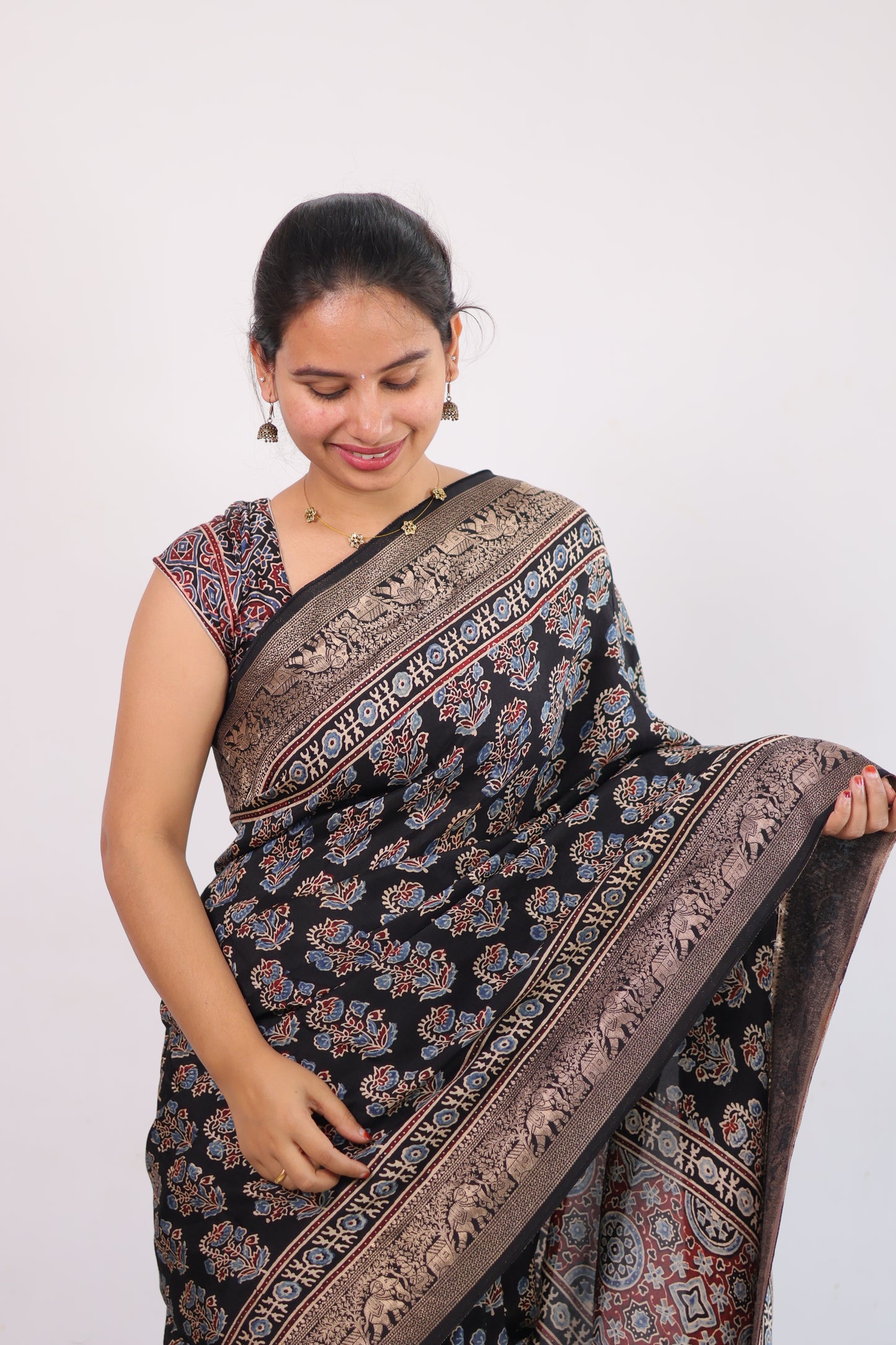 Ajrakh Dola Silk Saree