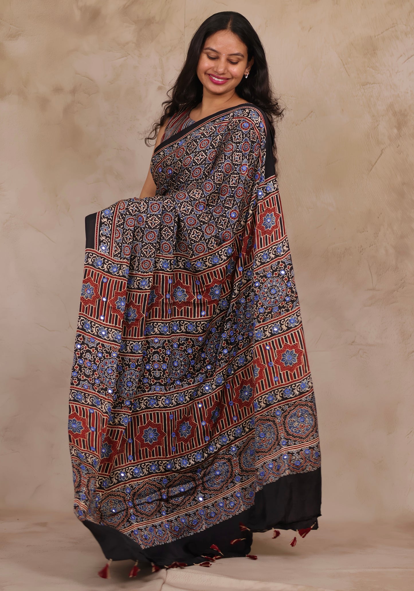 Black Handcrafted Ajrakh Modal Silk Saree with Authentic Banjara Mirror Work | Looms & Tassels