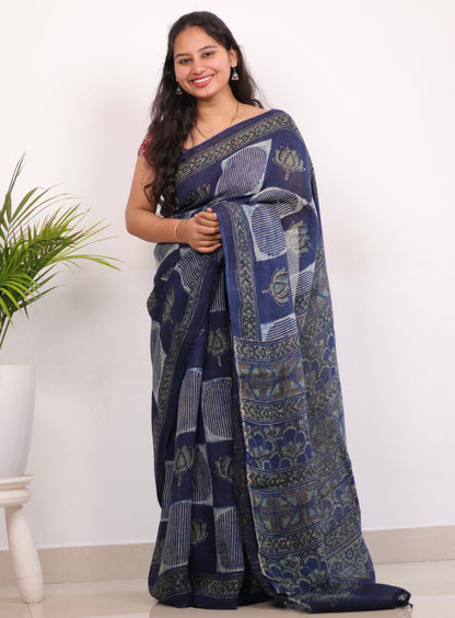 Indigo Pure Linen Ajrakh Handblock Printed Saree