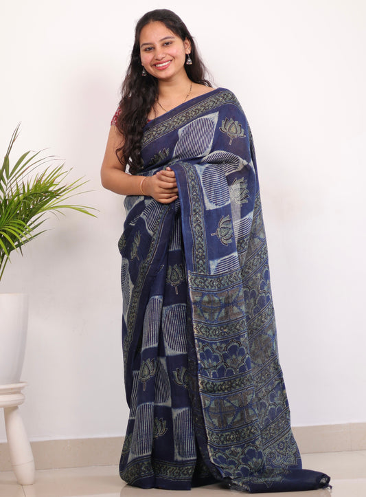 Indigo Pure Linen Ajrakh Handblock Printed Saree