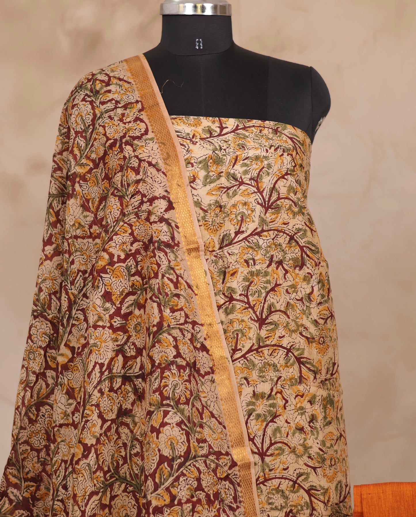 Hand Block Printed Kalamkari Unstitched 3pc Suit Set