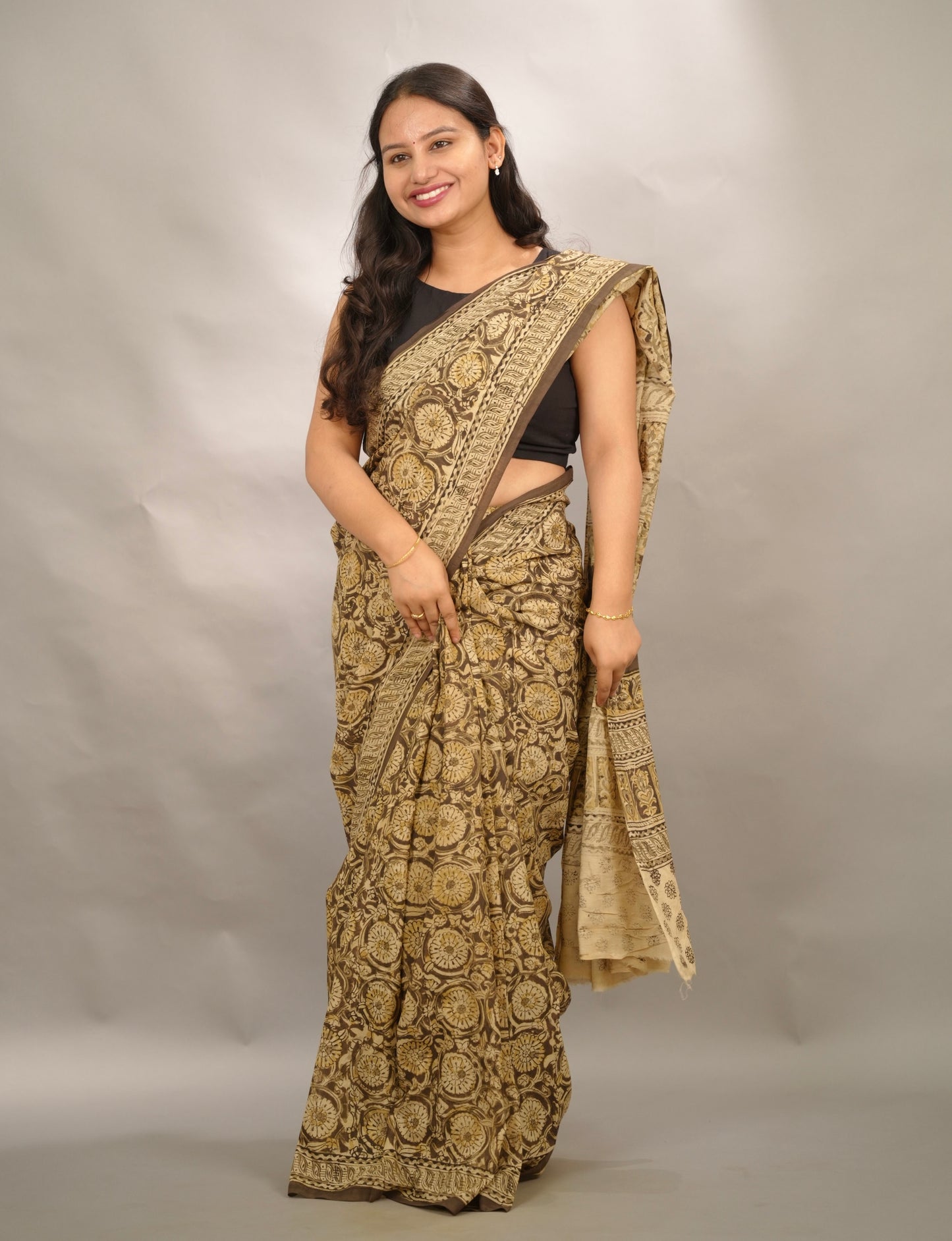 Mehendi Green Hand Block Printed Kalamkari Cotton Saree | Looms & Tassels