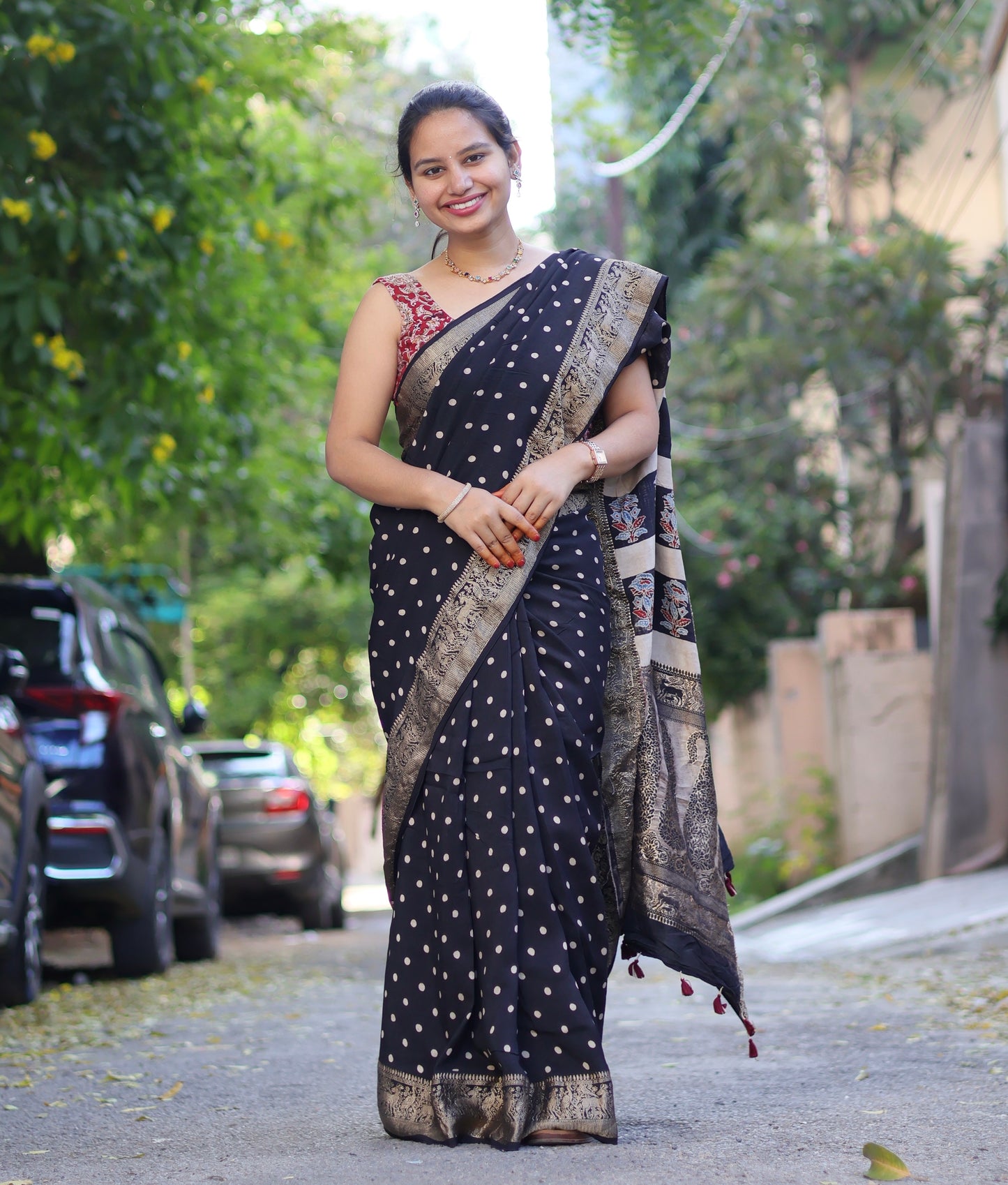 Black Ajrakh Dola Silk Saree