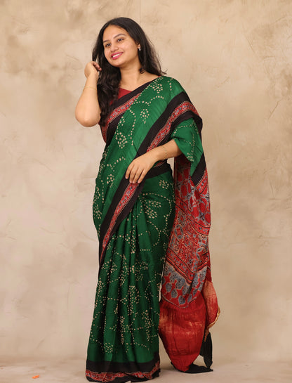 Green Hand Knotted Bandhej Arakh Modal Silk Saree with Lagdi Pallu | Looms & Tassels