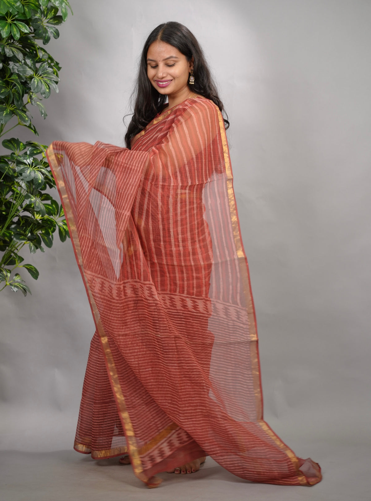 Maroon Stripes Contemporary Pure Kota Doria Saree with Bagru Handblock Prints