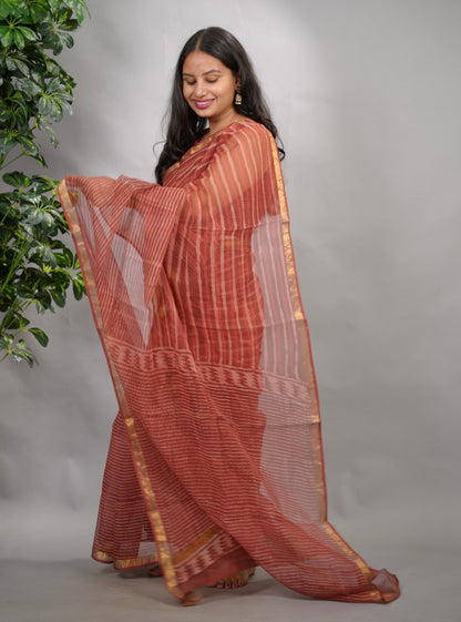 Maroon Stripes Contemporary Pure Kota Doria Saree with Bagru Handblock Prints
