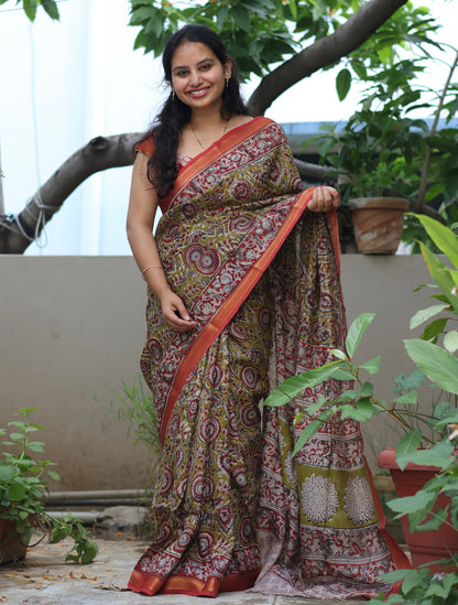 Hand Block Printed Kalamkari Nizam Border Silk Saree