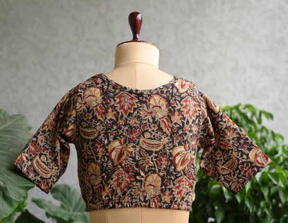 Black Round neck Stretchable Hand block printed kalamkari blouse