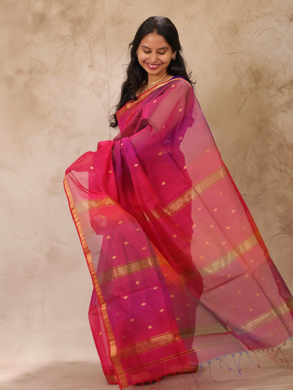 Pink Dual Tone Handloom Maheswari Silk Cotton Sarees | Looms & Tassels