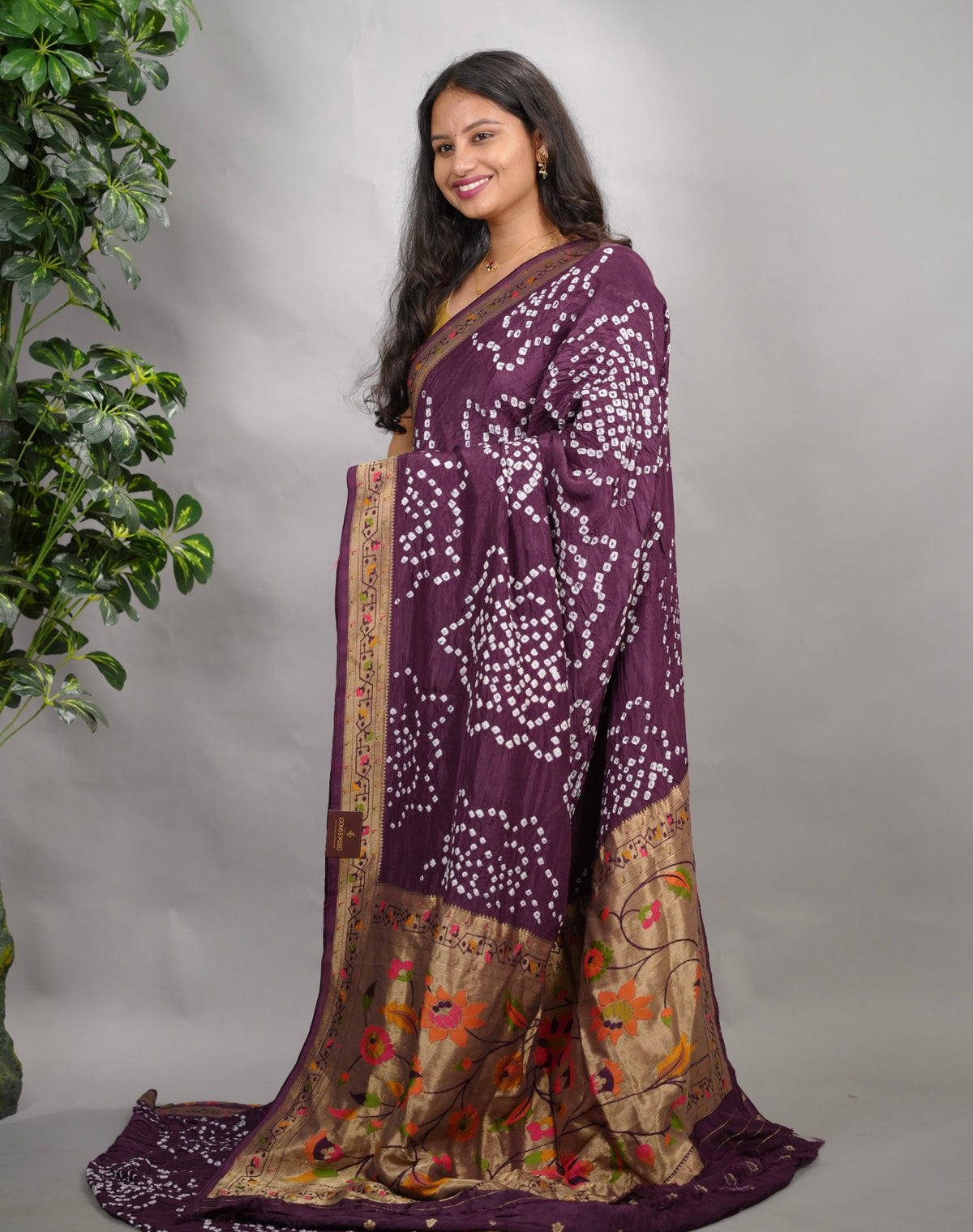 Purple Handcrafted  Pattern Bandhani Paithani Dola Silk Saree | Looms & Tassels