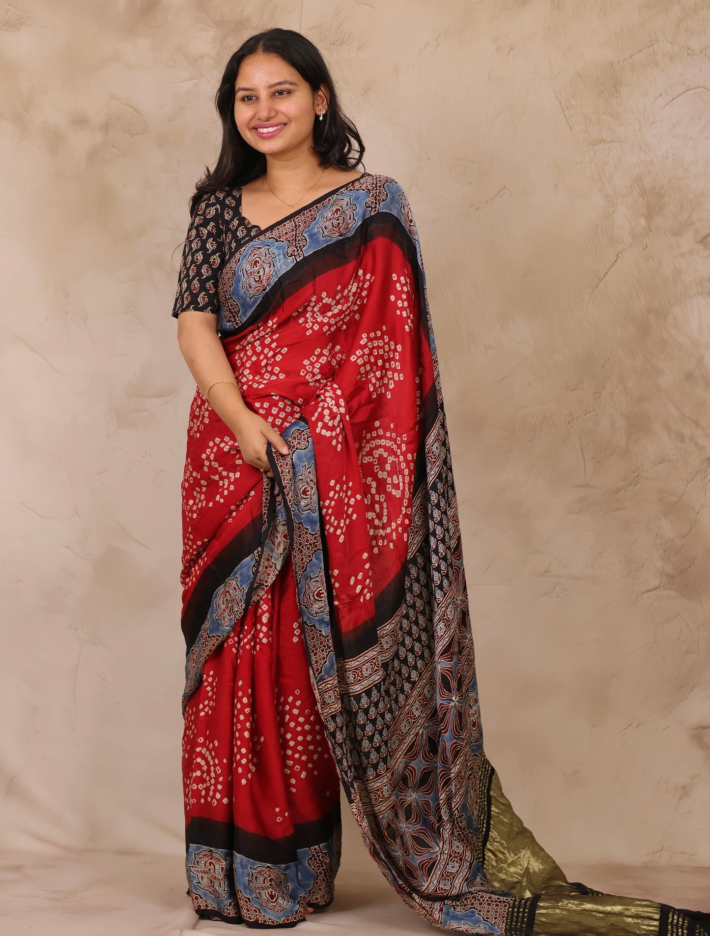 Red Hand Knotted Bandhej Arakh Modal Silk Saree with Lagdi Pallu | Looms & Tassels