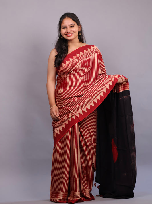 Authentic Ajrakh Handblock Printed Modal Silk Saree | Looms & Tassels