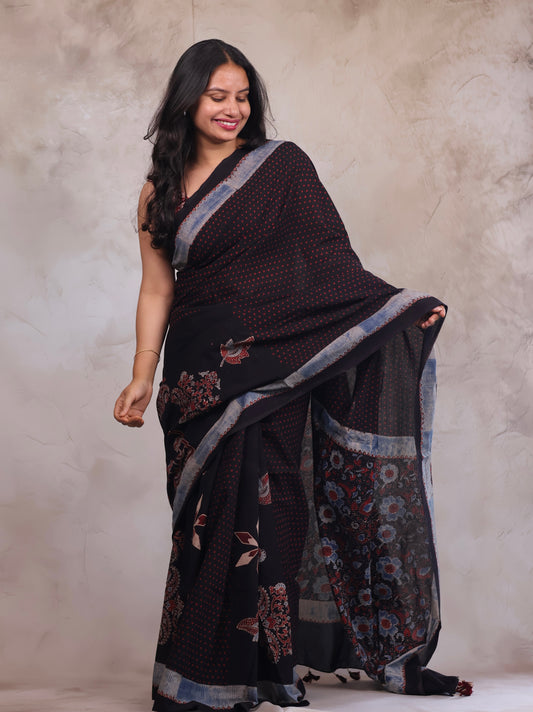 Black Ajrakh Hand Block Printed Mul Cotton Saree | Looms & Tassels