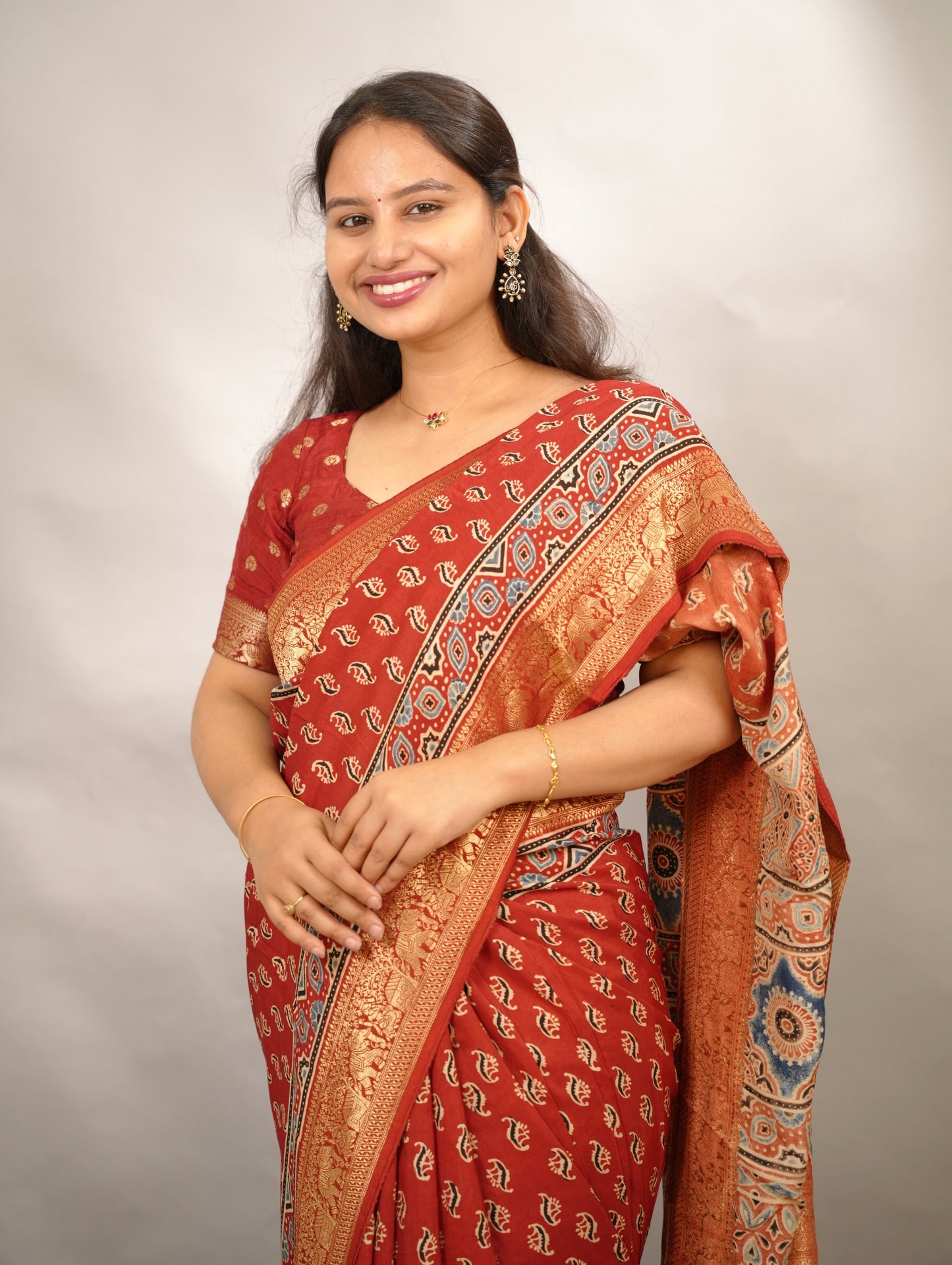 Red Butta Ajrakh Handblock printed Dola Silk Saree | Looms & Tassels