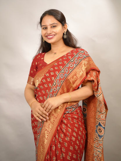 Red Butta Ajrakh Handblock printed Dola Silk Saree | Looms & Tassels