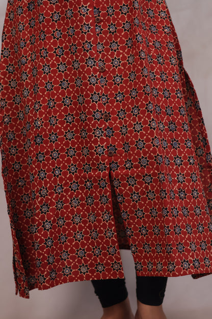 Red Ajrakh Hand Block Printed Kurti | Looms & Tassels