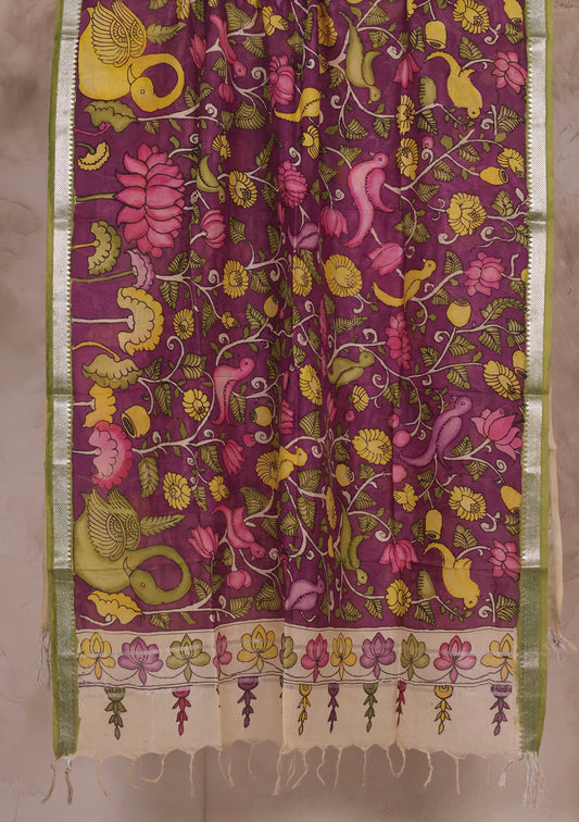 Purple Pen Kalamkari Mangalagiri silk Dupatta