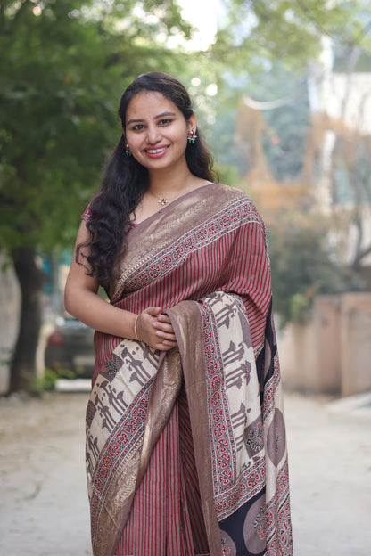 Contemporary Ajrakh Handblock Printed Dola Silk Saree