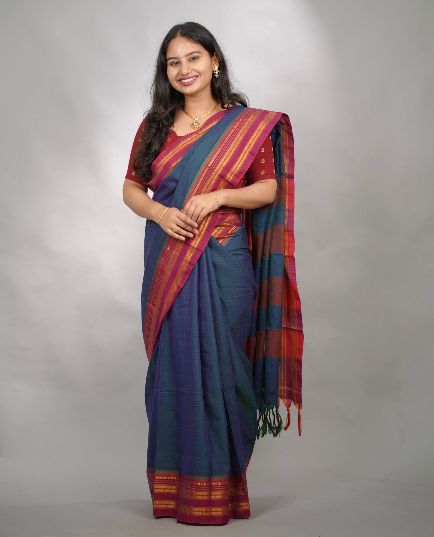 Peacock Blue Checks Narayanpet Cotton Saree with Traditional contrast Border | Looms & Tassels