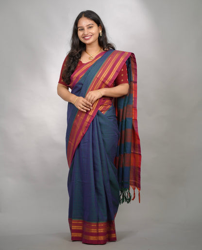 Peacock Blue Checks Narayanpet Cotton Saree with Traditional contrast Border | Looms & Tassels