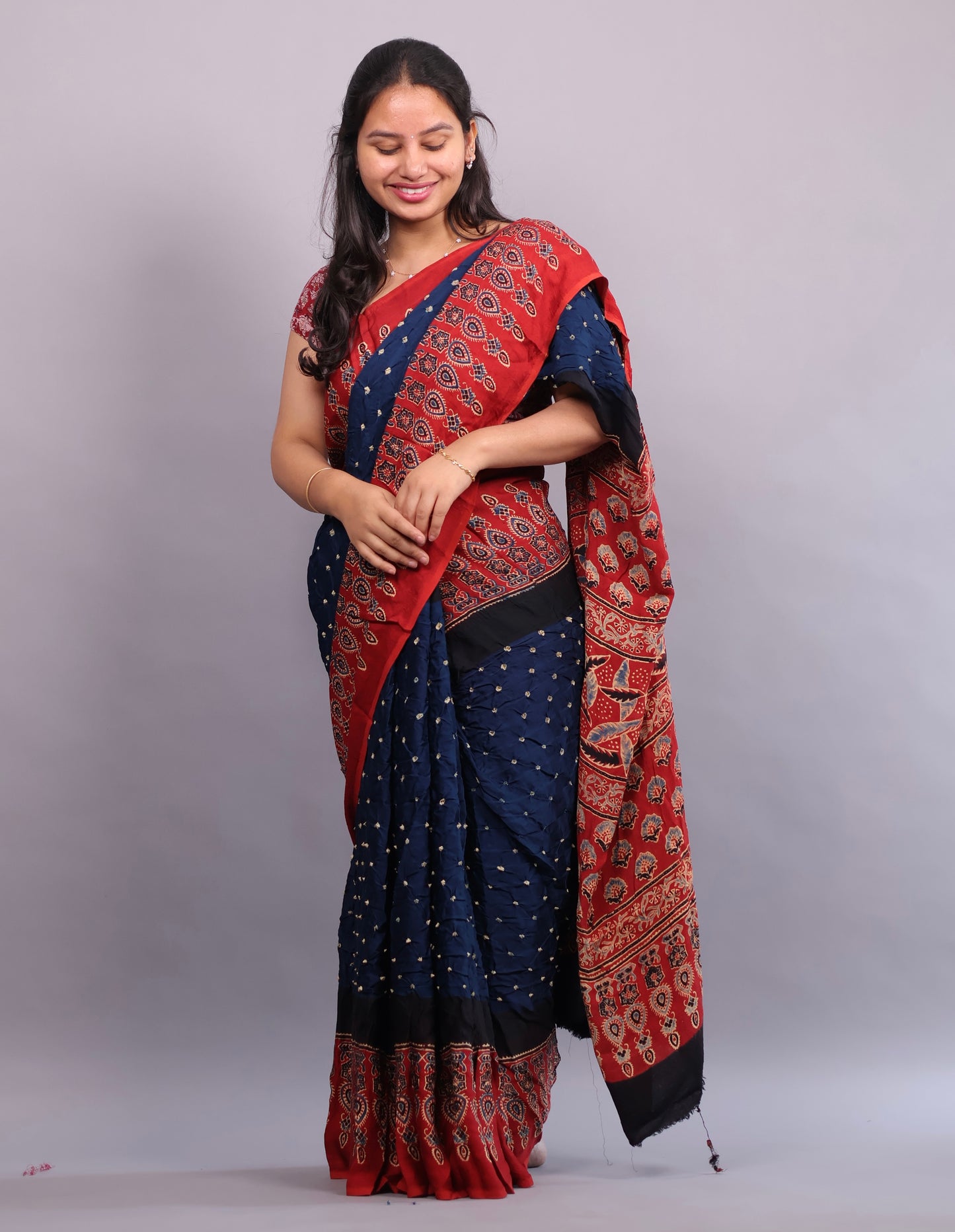 Cyan Blue Hand Knotted Ajrakh Bandhej Modal Silk Saree | Looms & Tassels