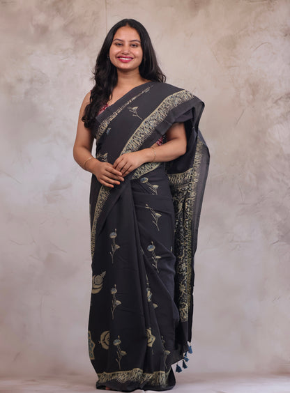 Elephant Grey Ajrakh Hand Block Printed Mul Cotton Saree | Looms & Tassels
