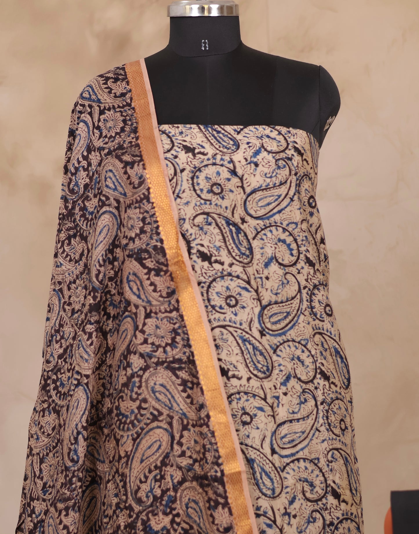 Hand Block Printed Kalamkari Unstitched 3pc Suit Set