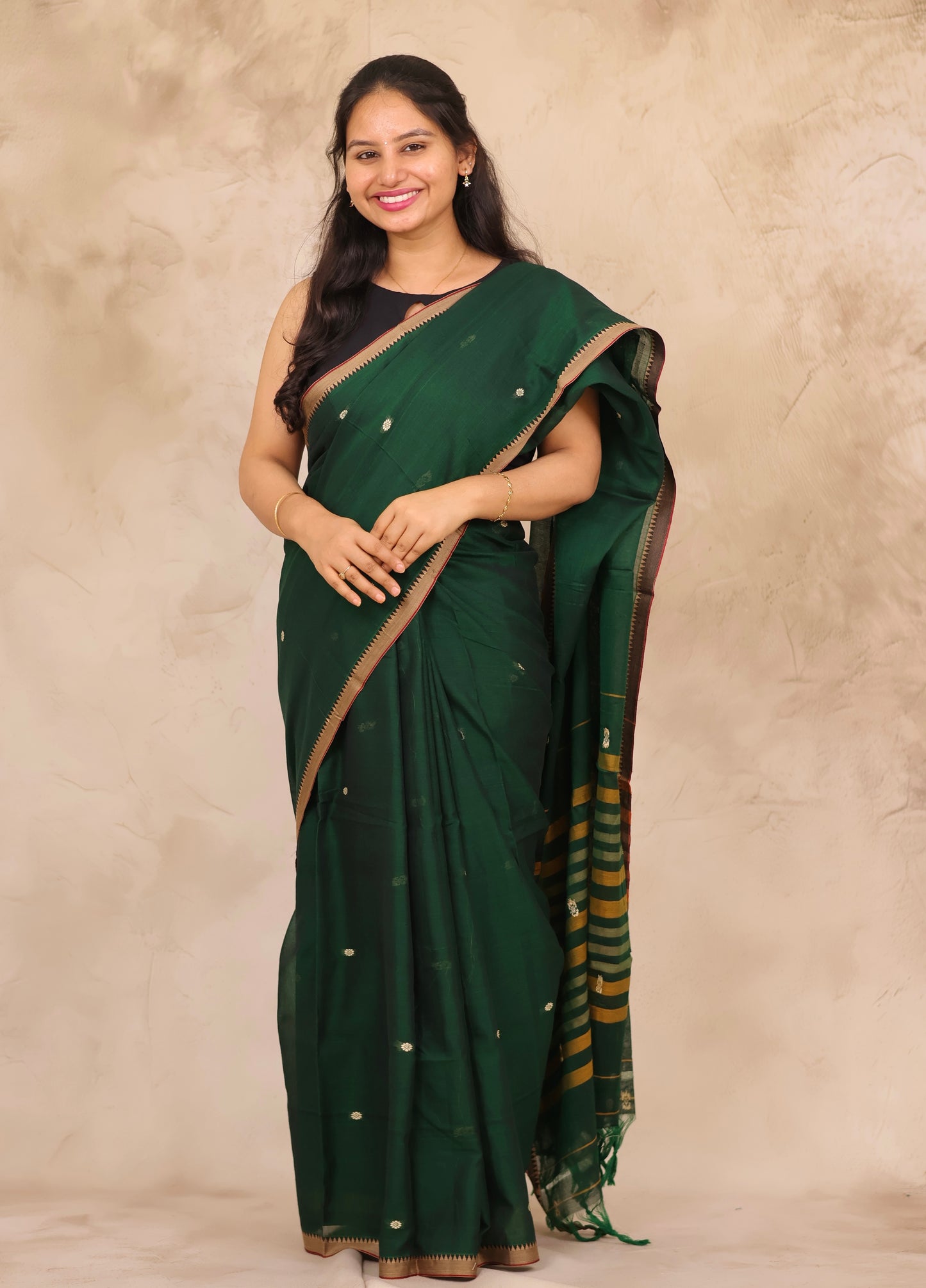 Green Narayanpet Cotton Saree With Butta Weaving | Looms & Tassels
