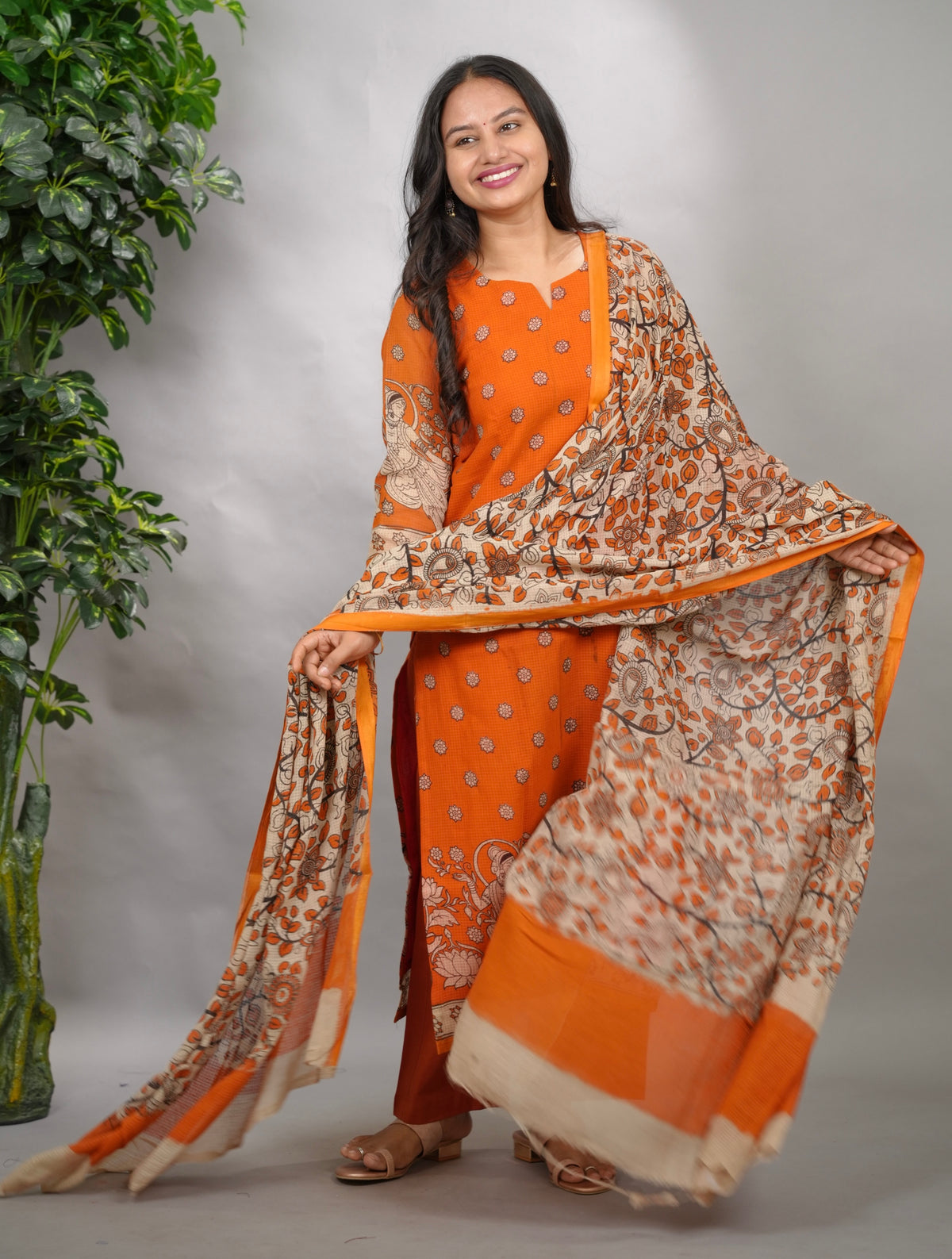 Orange Kalamkari Kota Cotton 3 piece suit (stitched) | Looms & Tassels