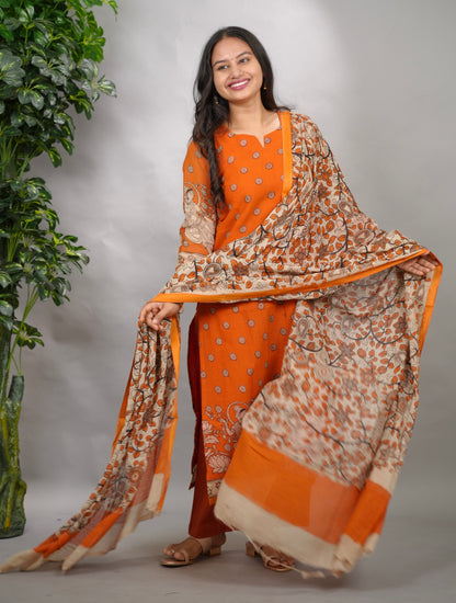 Orange Kalamkari Kota Cotton 3 piece suit (stitched) | Looms & Tassels