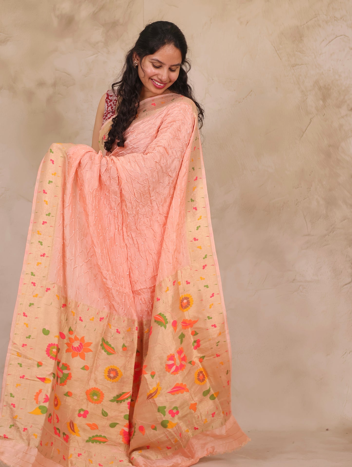Peach Handcrafted Pattern Bandhani Paithani Dola Silk Saree | Looms & Tassels