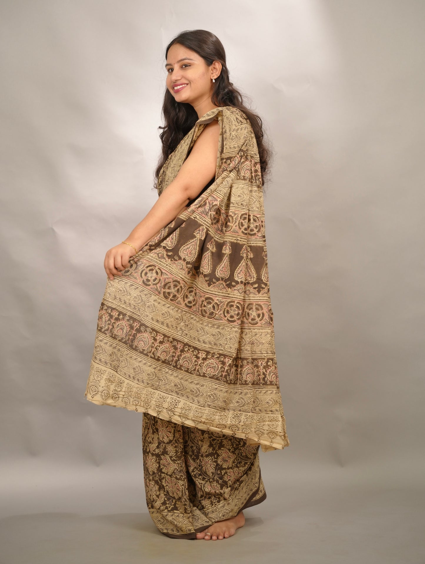 Mehendi Green Hand Block Printed Kalamkari Cotton Saree | Looms & Tassels