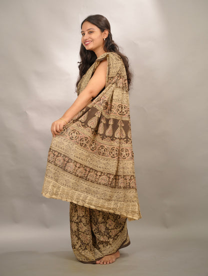 Mehendi Green Hand Block Printed Kalamkari Cotton Saree | Looms & Tassels