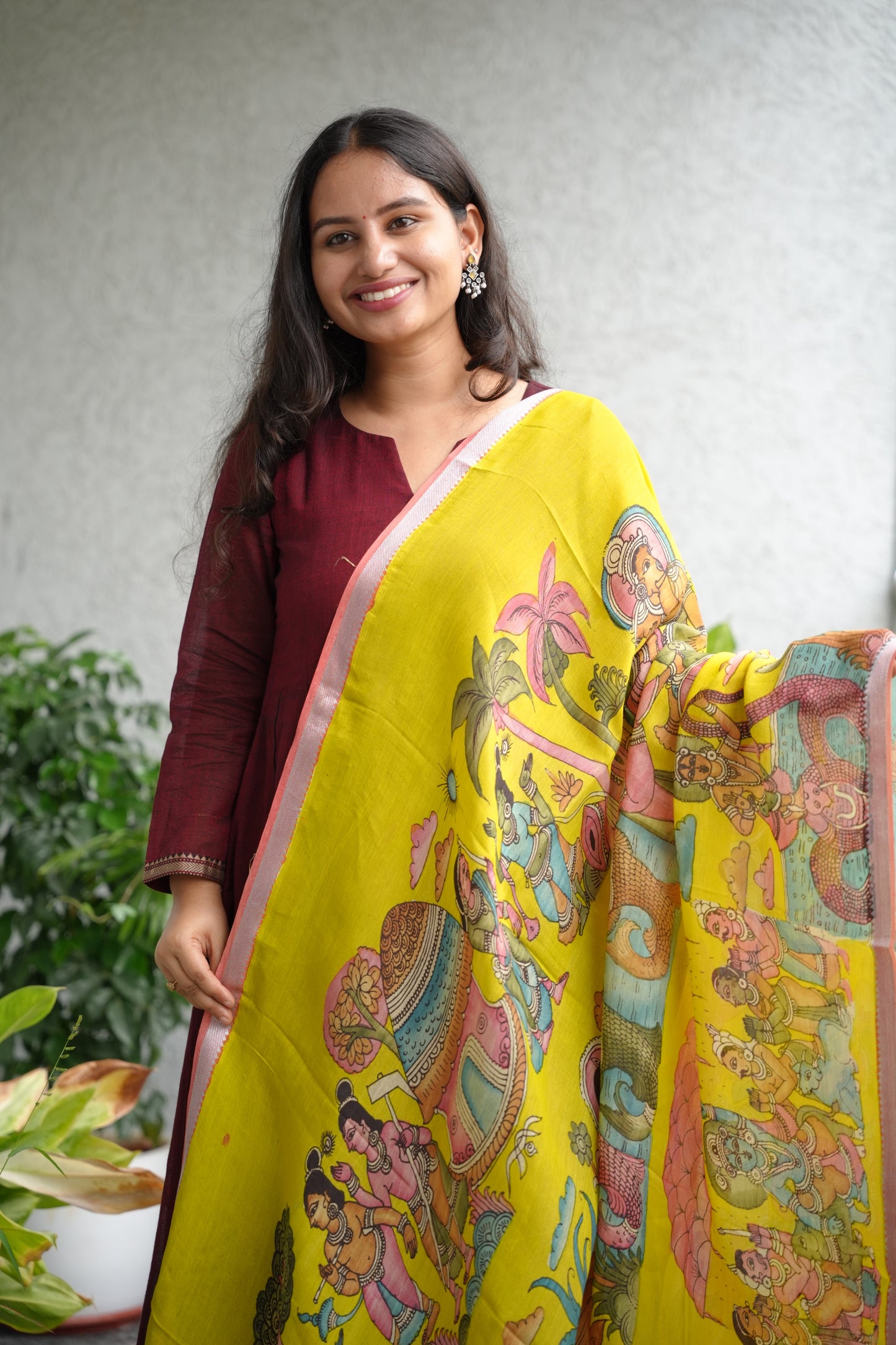 Yellow Pen Kalamkari Mangalagiri silk Dupatta