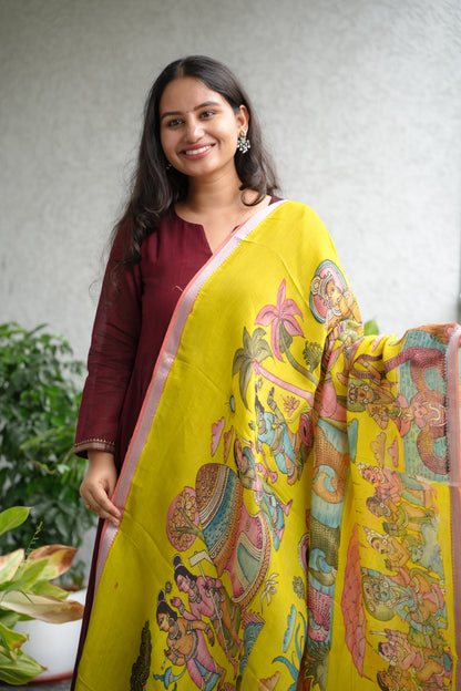 Yellow Pen Kalamkari Mangalagiri silk Dupatta