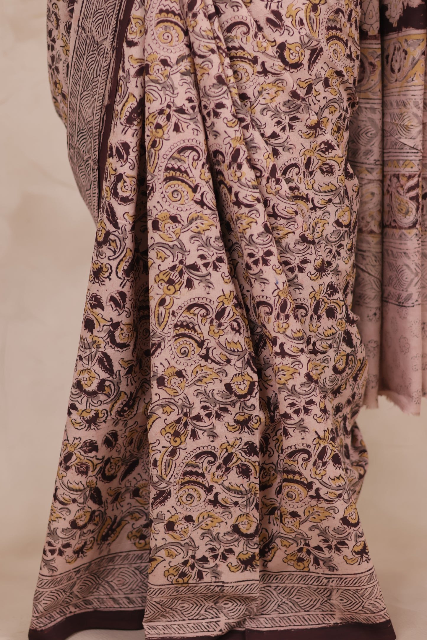 Cream Hand Block Printed Kalamkari Cotton Saree | Looms & Tassels