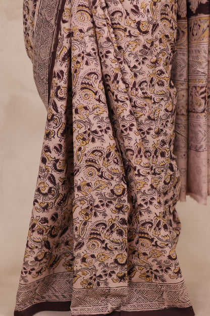 Cream Hand Block Printed Kalamkari Cotton Saree | Looms & Tassels
