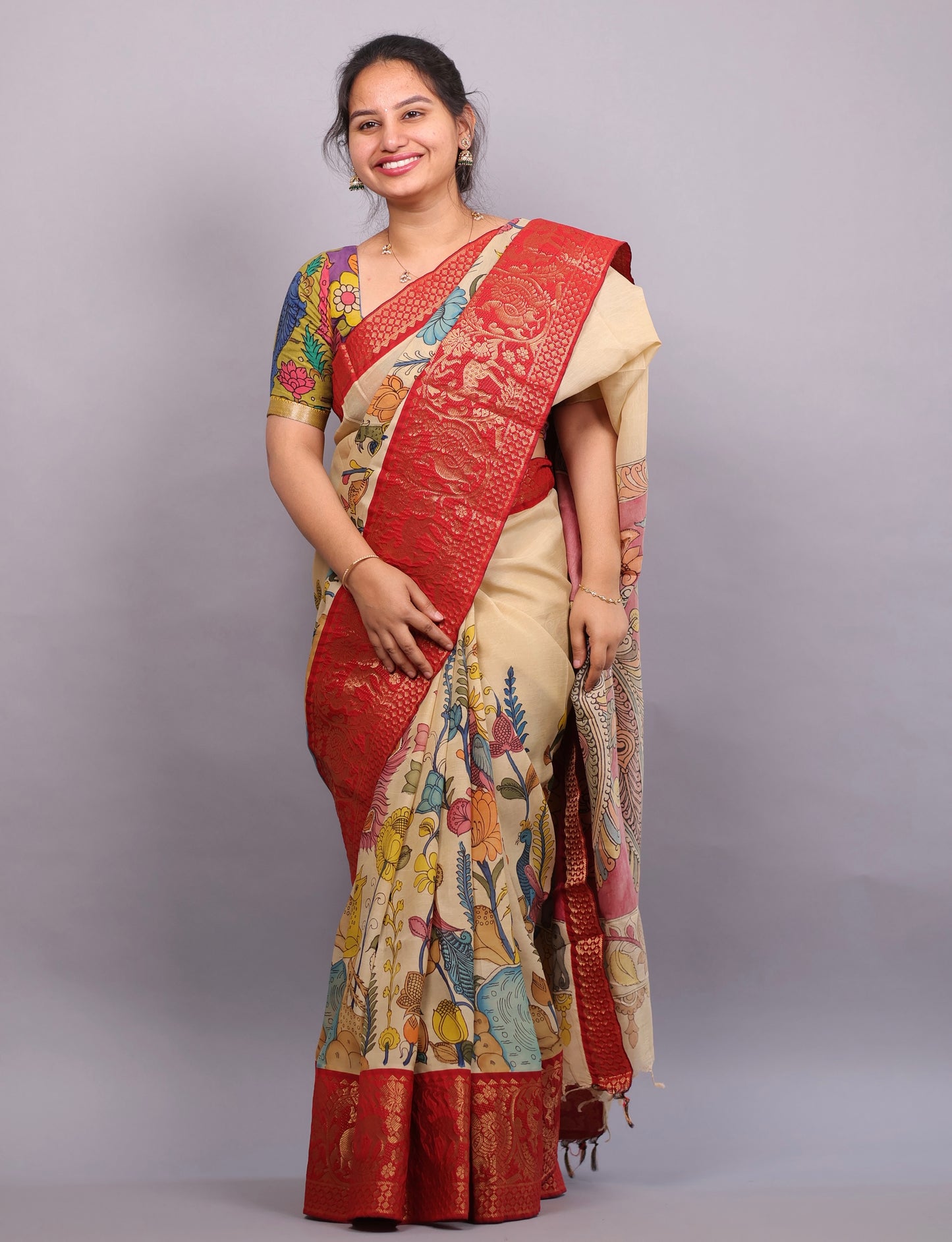 Cream Hand Painted Pen Kalamkari Silk Saree