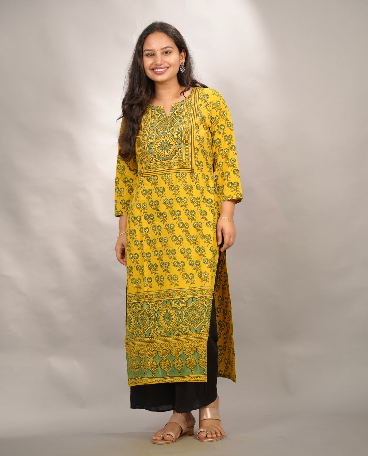 Mustard Yellow Ajrakh Pattern Hand Block printed Kurti | Looms & Tassels