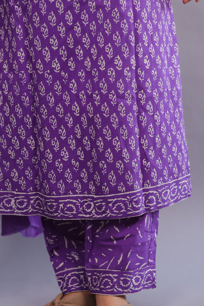 Purple Handblock printed Pure Mul Cotton with Mul Cotton Duppata 3 piece suit (stitched)