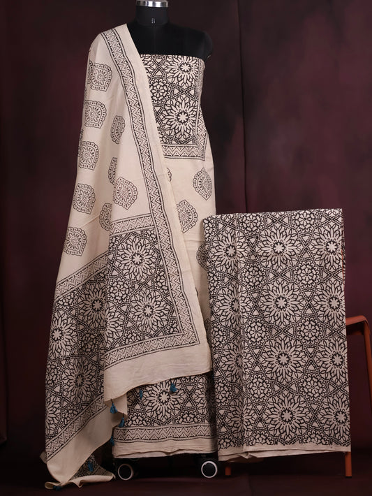 Off white Traditional Badam Butta Ajrakh Handblock Printed Pure Cotton 3 piece suit set | Looms & Tassels
