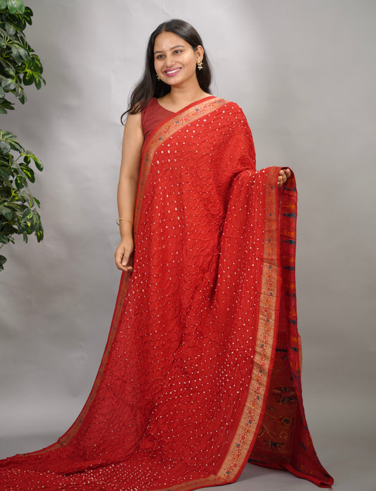 Red Handcrafted Bandhani Paithani Dola Silk Saree | Looms & Tassels