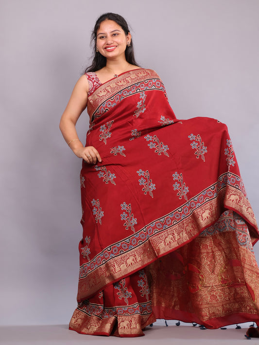 Red Floral Motifs Ajrakh Handblock printed Dola Silk Saree | Looms & Tassels
