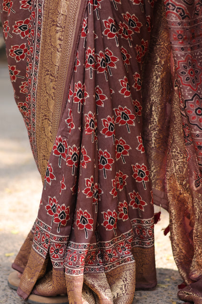 Lotus Butta Authentic Ajrakh Handblock Printed Dola Silk Saree | Looms & Tassels