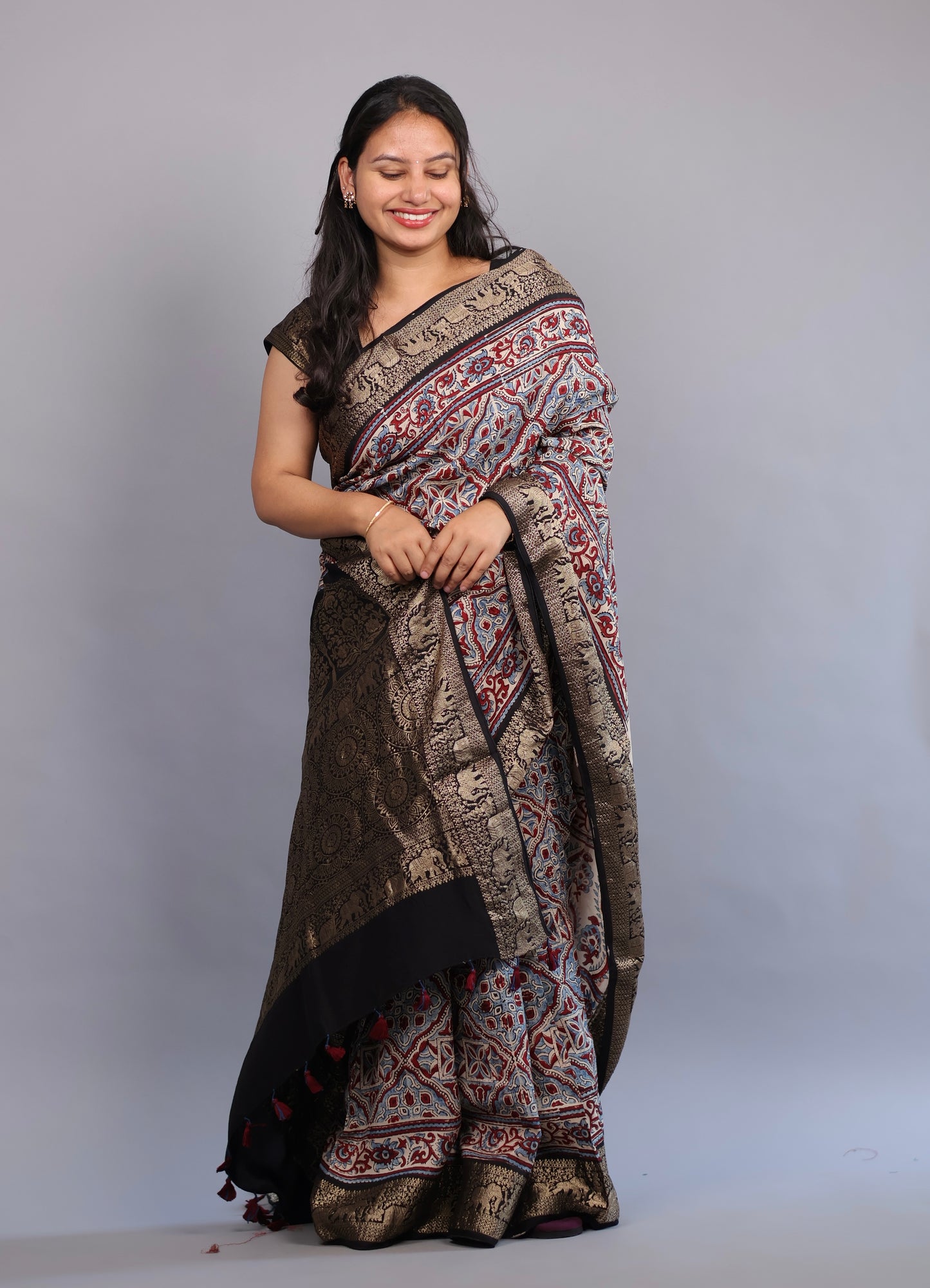 Cream Geometrical & Floral Ajrakh Motifs Handblock printed Dola Silk Saree | Looms & Tassels