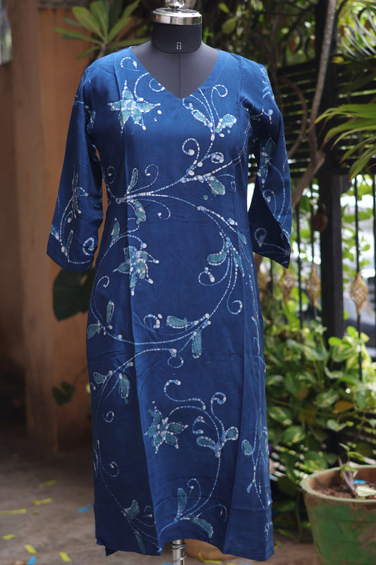 Blue Hand drawn Batik silk Kurti