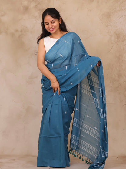Blue Handwoven Malai Cotton Saree| Looms & Tassels