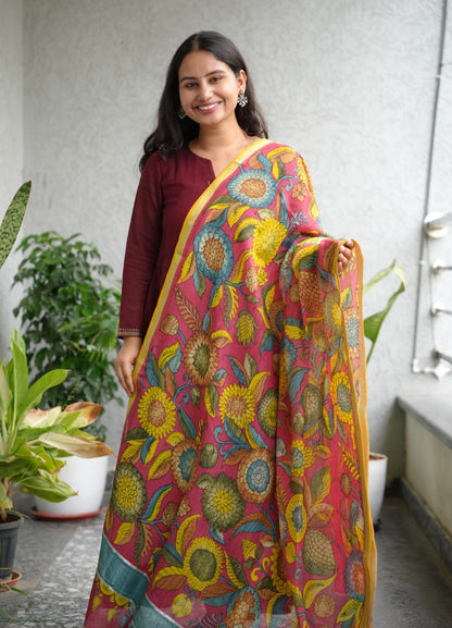 Pink Pen Kalamkari Mangalagiri silk Dupatta