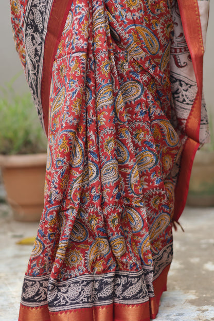 Red Hand Block Printed Kalamkari Nizam Border Silk Sare