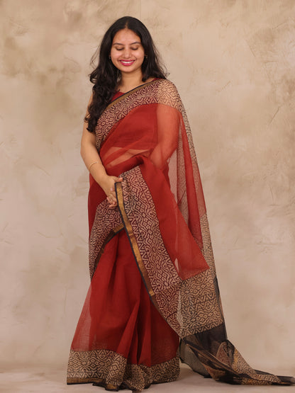 Maroon Pure Kota Doria Saree with Bagru Handblock Prints | Looms & Tassels